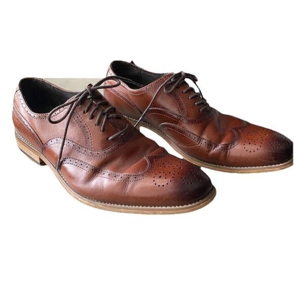 Stacy Adams Leather Dunbar Wingtip Oxford Dress Shoes Men Size 9.5 Brown Cognac - Picture 1 of 11